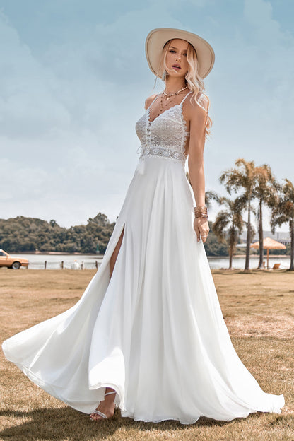 Lace Backless Spaghetti Straps Boho Wedding Dress with with Slit