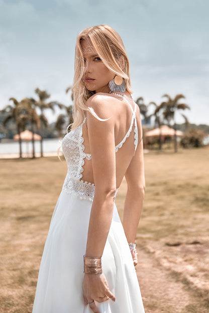 Lace Backless Spaghetti Straps Boho Wedding Dress with with Slit