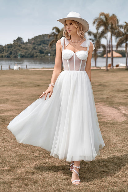 Ivory Tulle Corset Tea-Length A Line Wedding Dress