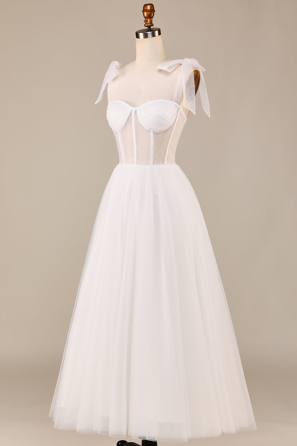 Ivory A-Line Tea-Length Tulle Corset Wedding Dress