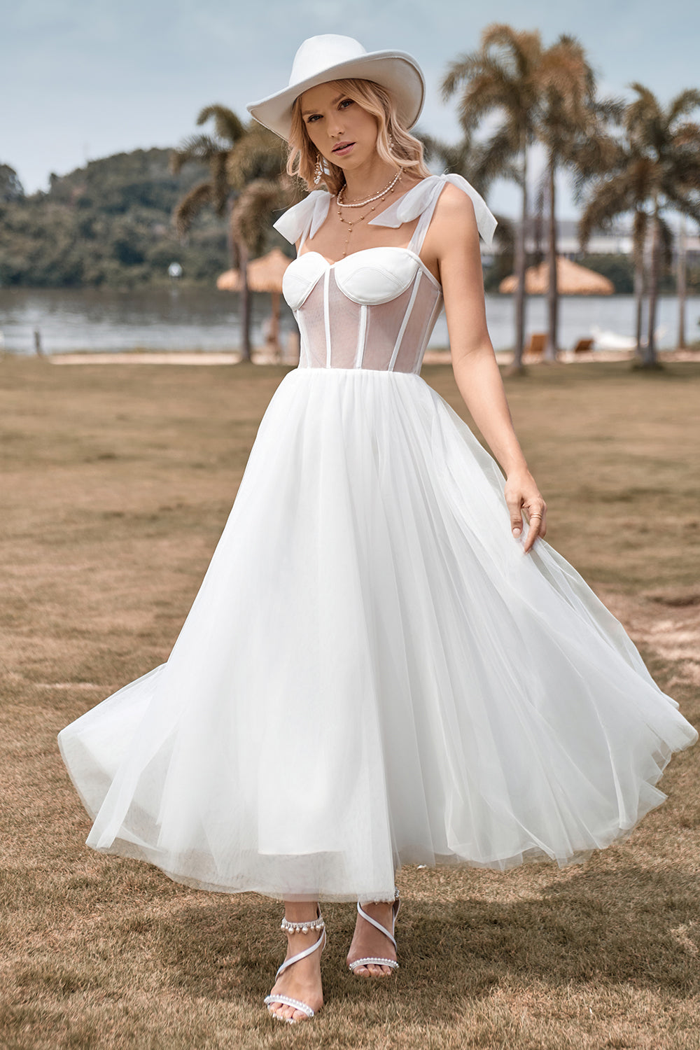 Ivory Tulle Corset Tea-Length A Line Wedding Dress