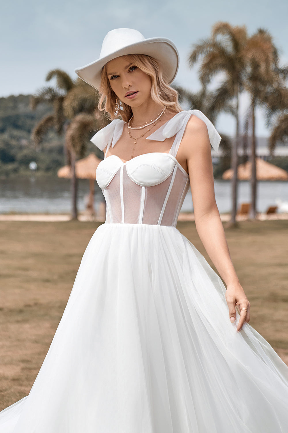 Ivory Tulle Corset Tea-Length A Line Wedding Dress