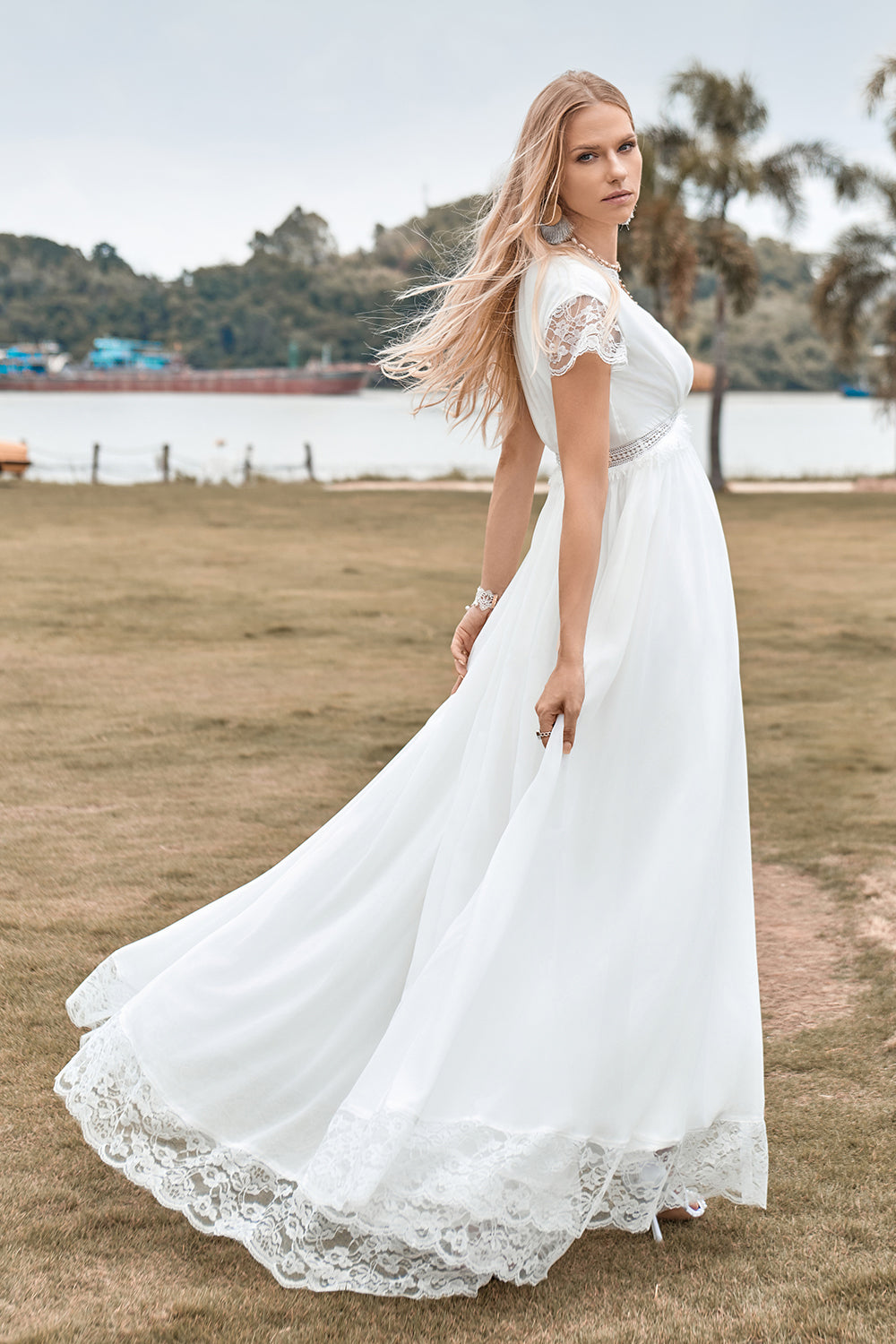 Deep V-neck Simple Boho Wedding Dress with Slit