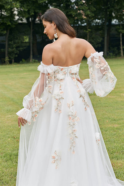 Ivory Detachable Long Sleeves Sweep Train Wedding Dress with 3D Flowers