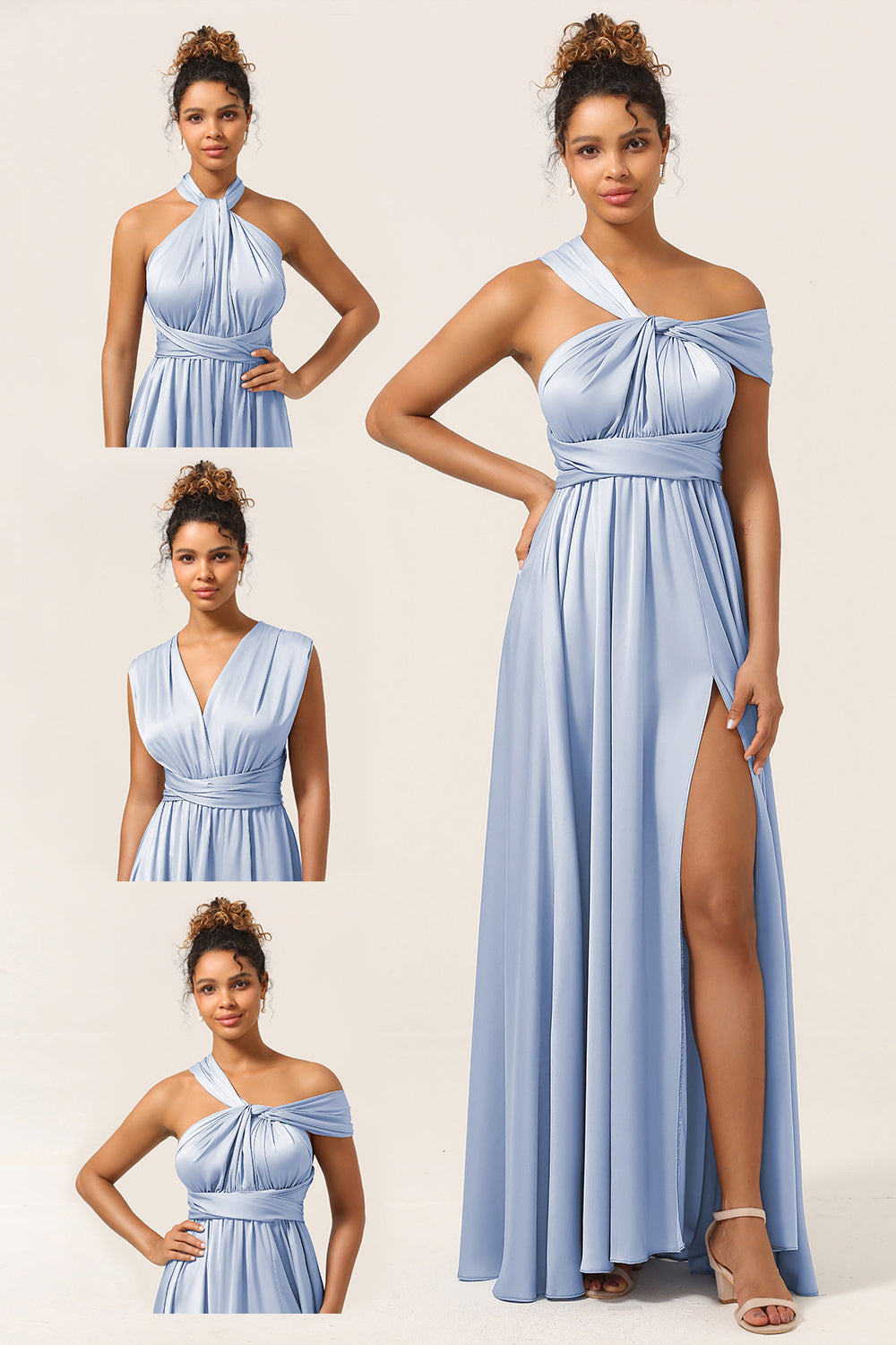 Blue Satin Convertible Bridesmaid Dress with Slit