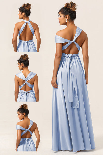 Blue Satin Convertible Bridesmaid Dress with Slit