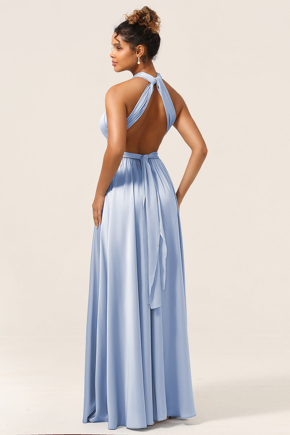 Blue Satin Convertible Bridesmaid Dress with Slit