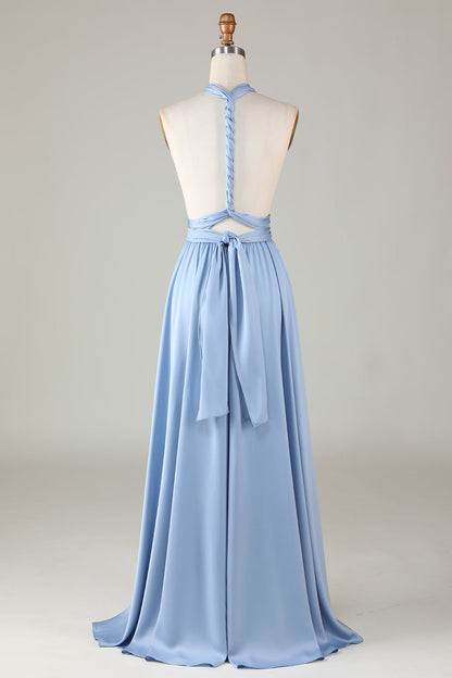 Convertible Blue Satin Bridesmaid Dress with Slit