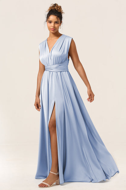 Blue Satin Convertible Bridesmaid Dress with Slit