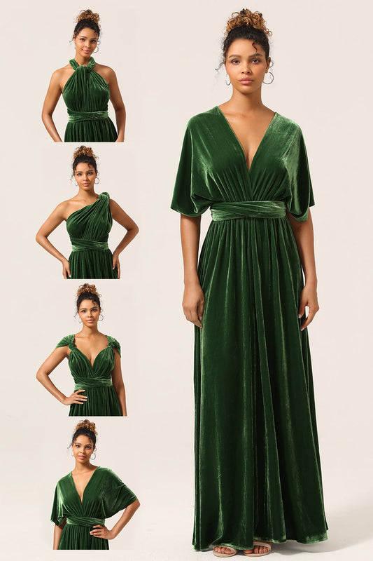 Elegant A Line V Neck Dark Green Covertible Wear Velvet Long Bridesmaid Dress