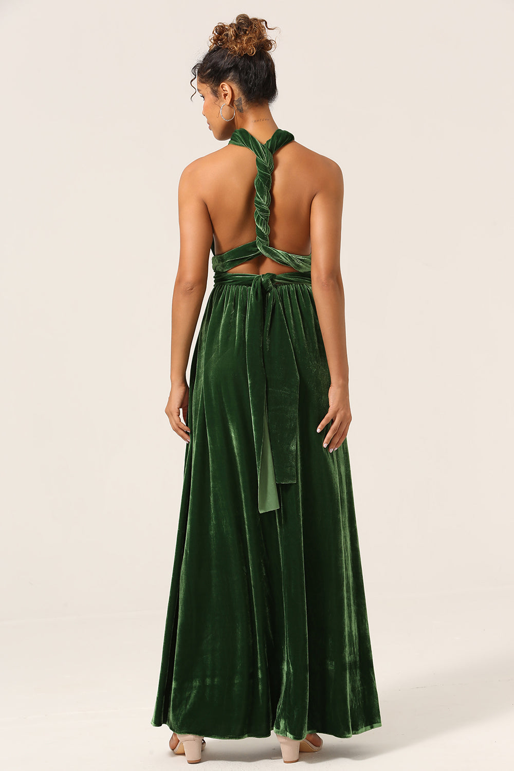 Elegant A Line V Neck Dark Green Covertible Wear Velvet Long Bridesmaid Dress