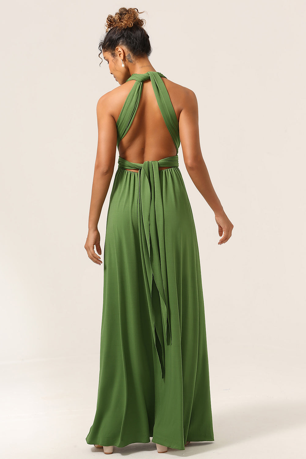 Charming A Line Olive Green Spandex Convertible Wear Long Bridesmaid Dress