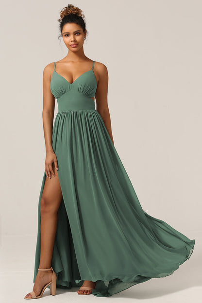 Eucalyptus Spaghetti Straps A Line Bridesmaid Dress with Slit