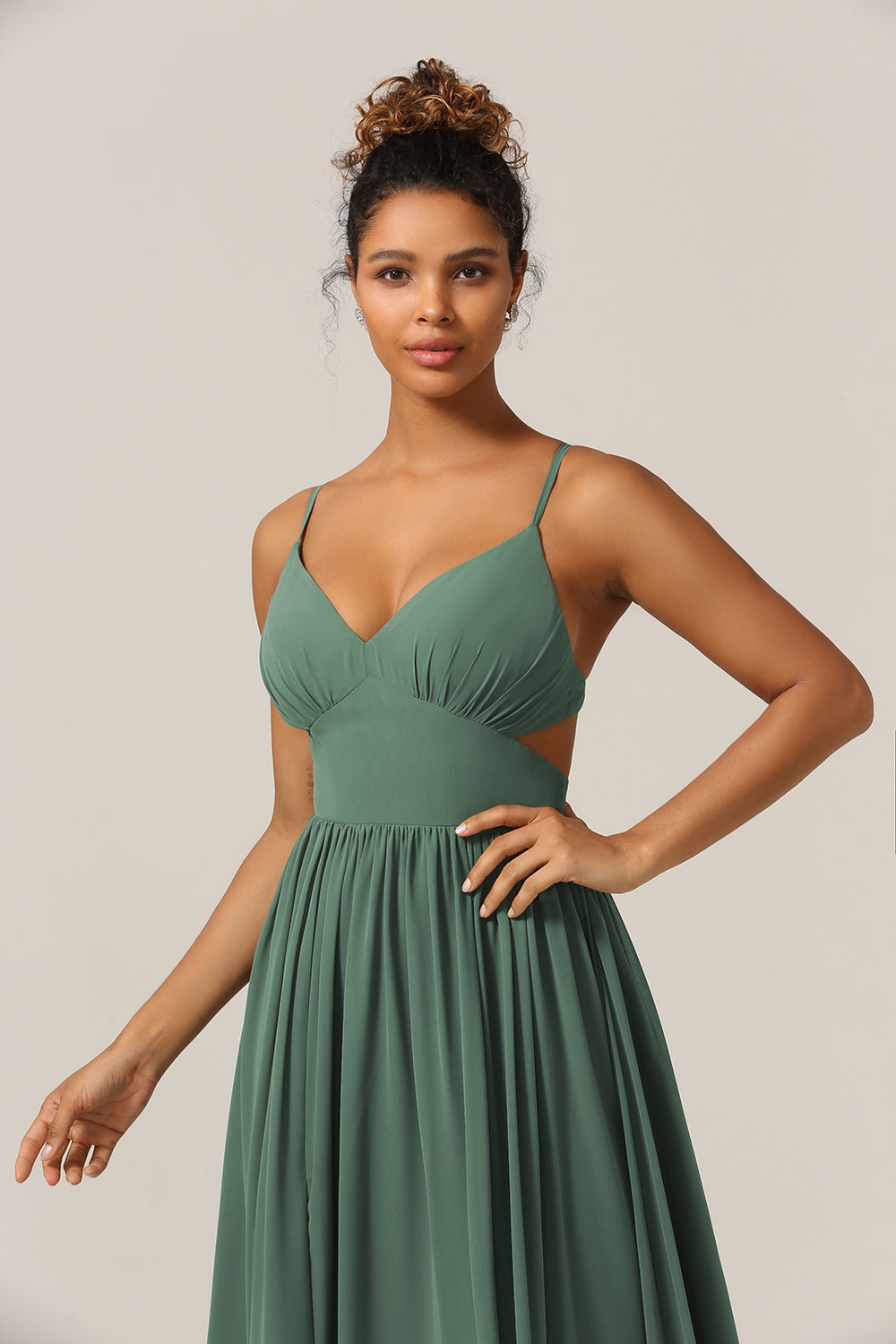 Eucalyptus Spaghetti Straps A Line Bridesmaid Dress with Slit