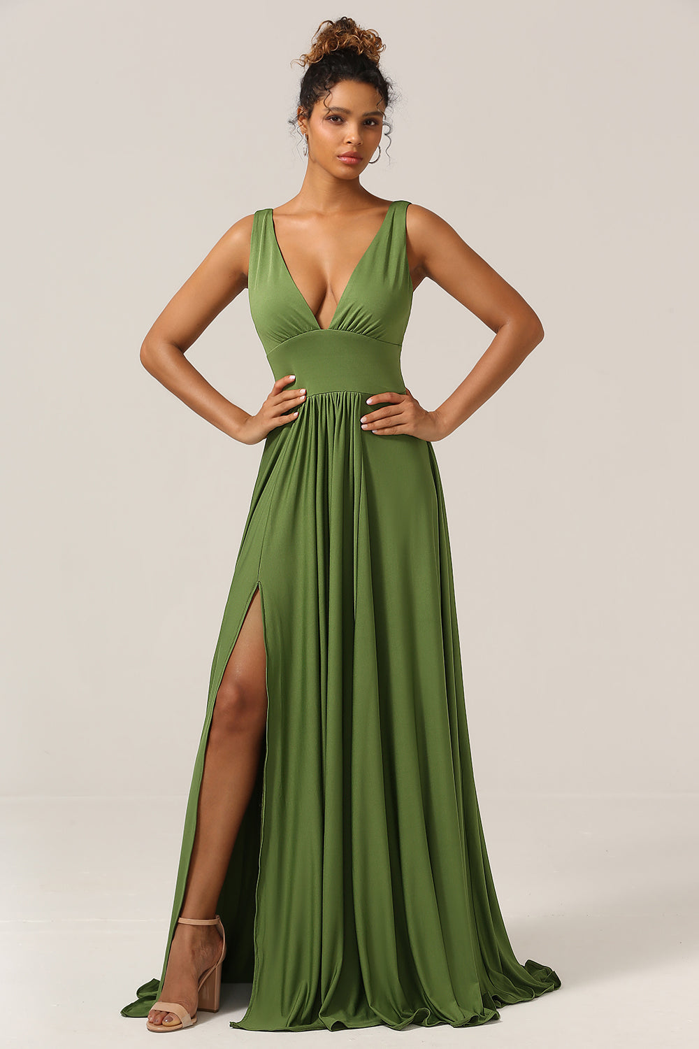 Elegant A Line Olive Deep V-neck Sleeveless Long Bridesmaid Dress