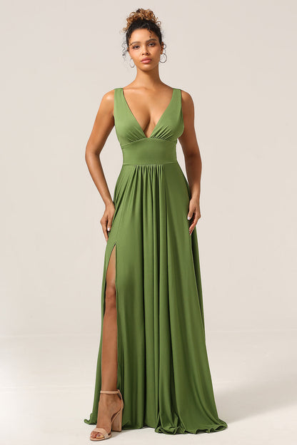 Elegant A Line Olive Deep V-neck Sleeveless Long Bridesmaid Dress