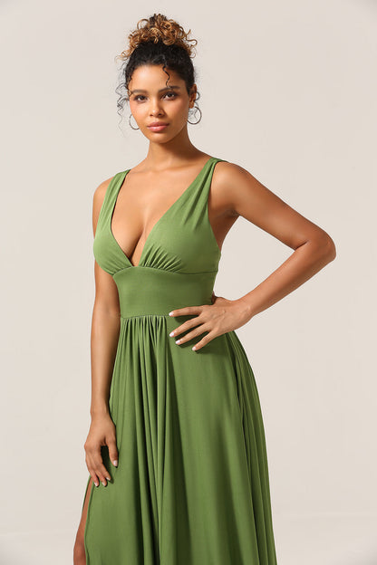 Elegant A Line Olive Deep V-neck Sleeveless Long Bridesmaid Dress