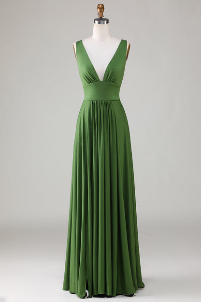 Olive Deep V-neck Sleeveless Long Bridesmaid Dress