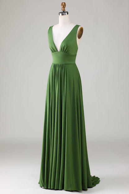 Olive Deep V-neck Sleeveless Long Bridesmaid Dress