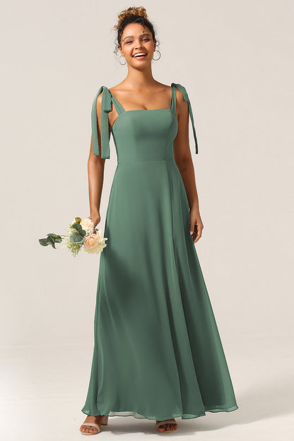 A Line Spaghetti Straps Eucalyptus Tie Straps Bridesmaid Dress With Slit