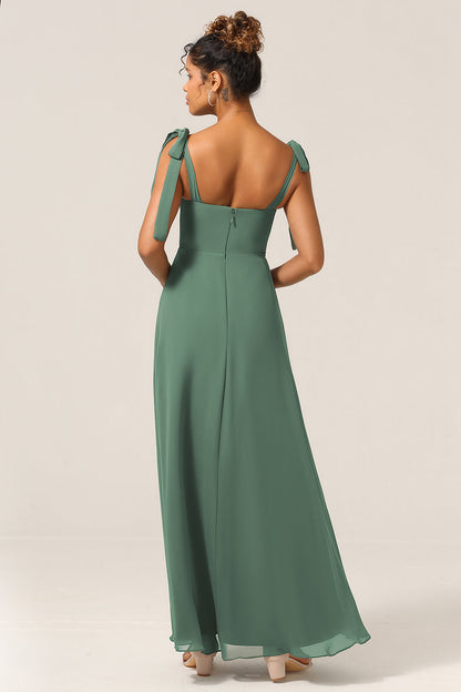 A Line Spaghetti Straps Eucalyptus Tie Straps Bridesmaid Dress With Slit