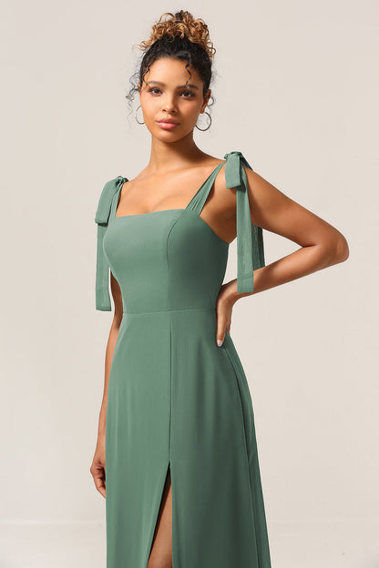 A Line Spaghetti Straps Eucalyptus Tie Straps Bridesmaid Dress With Slit