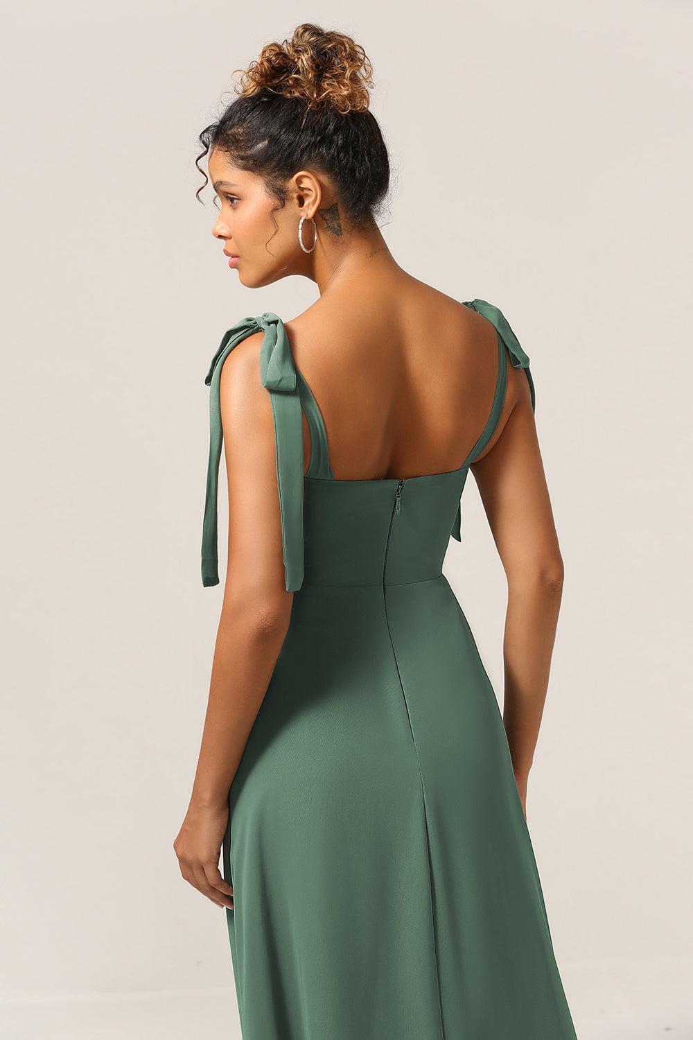 A Line Spaghetti Straps Eucalyptus Tie Straps Bridesmaid Dress With Slit