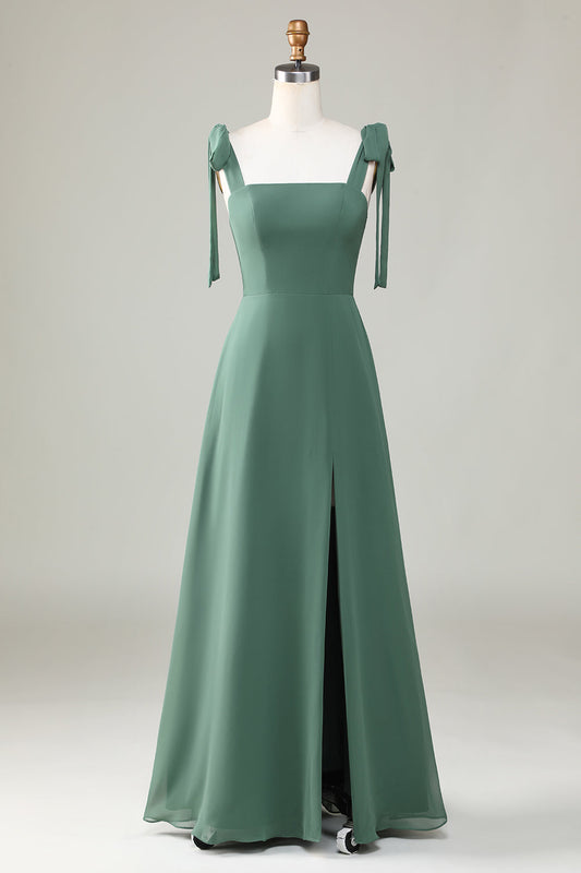 Eucalyptus Tie Straps A Line Bridesmaid Dress With Slit