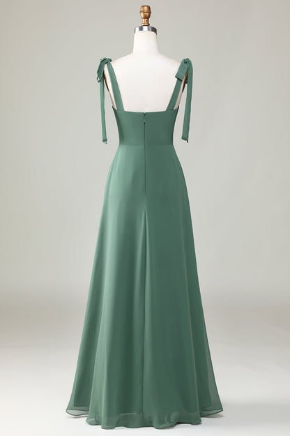 Eucalyptus Tie Straps A Line Bridesmaid Dress With Slit