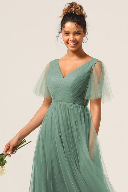 Eucalyptus V Neck Open Back A Line Bridesmaid Dress