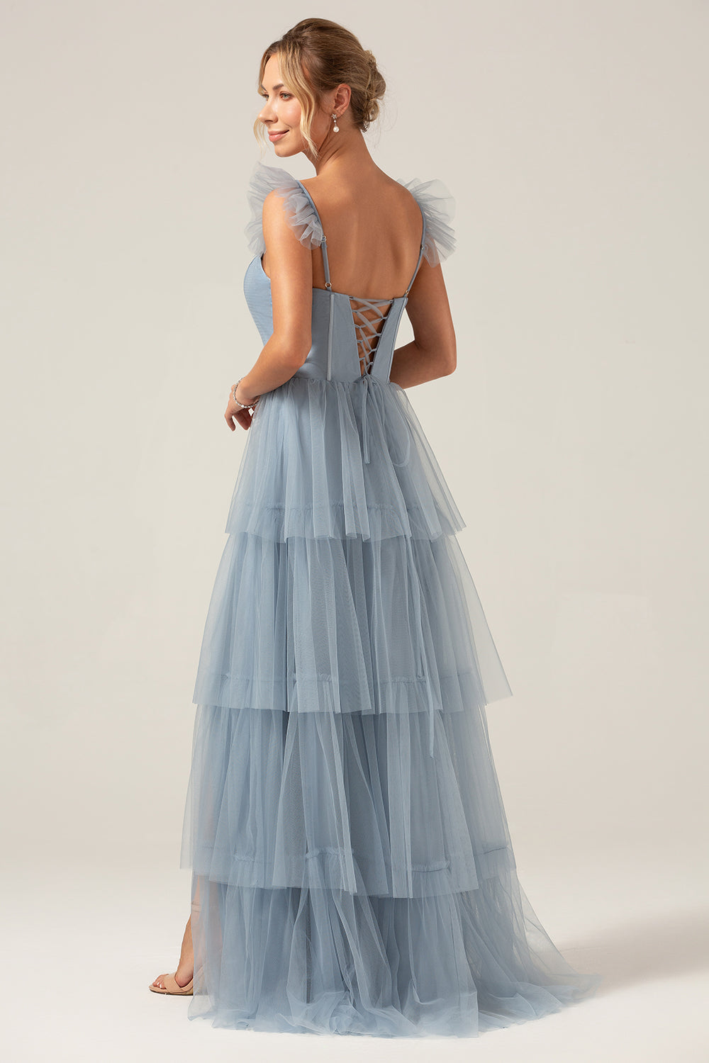 Detachable Straps A Line Eucalyptus Tiered Long Bridesmaid Dress