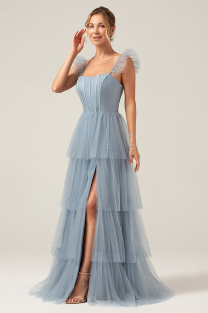 Detachable Straps A Line Eucalyptus Tiered Long Bridesmaid Dress