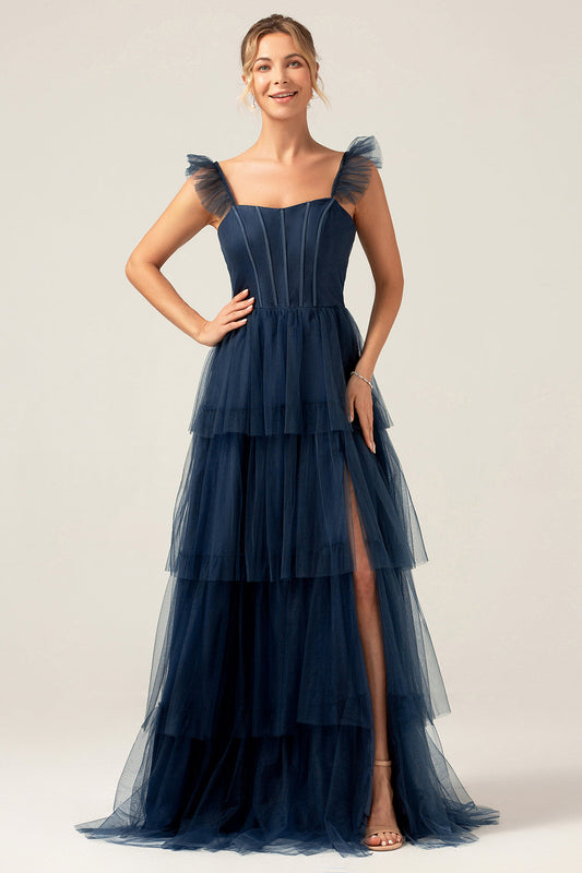 Detachable Straps A Line Navy Tiered Long Bridesmaid Dress