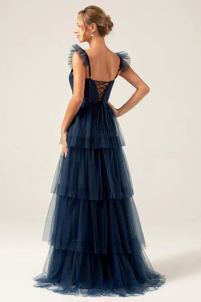 Detachable Straps A Line Tiered Long Dusty Blue Bridesmaid Dress