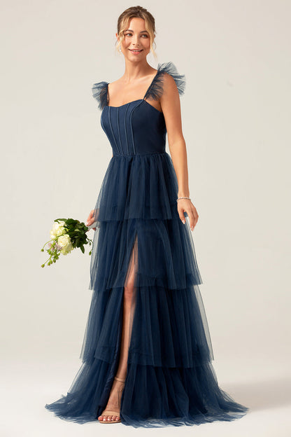 Detachable Straps A Line Eucalyptus Tiered Long Bridesmaid Dress