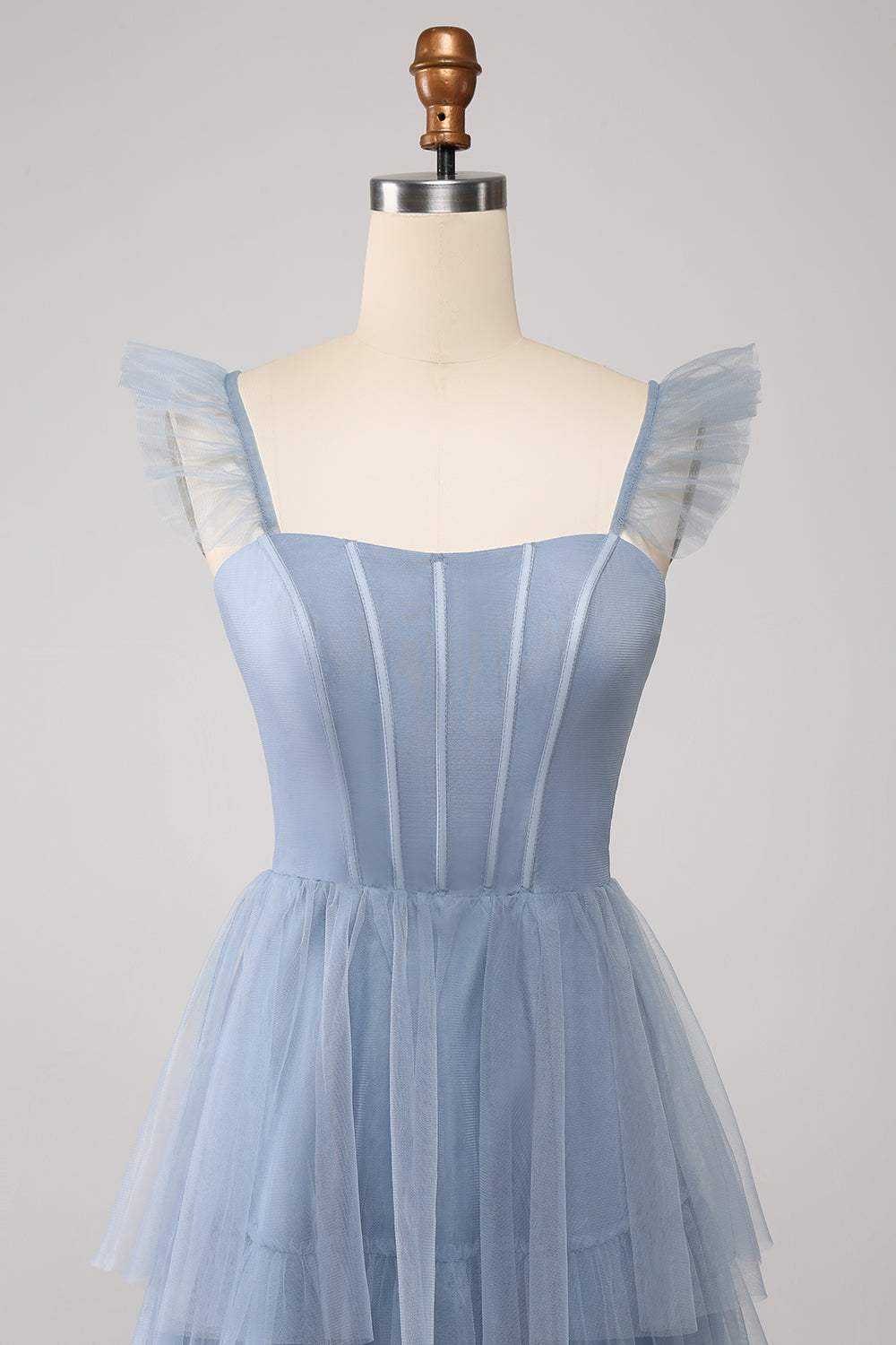 Dusty Blue A Line Tiered Tulle Corset Bridesmaid Dress with Slit