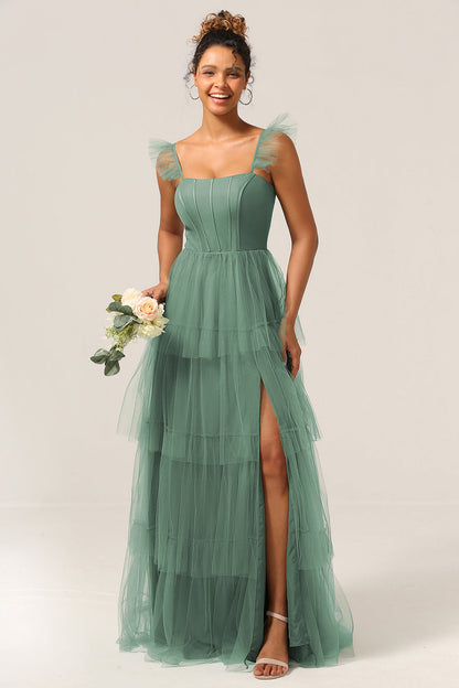 Detachable Straps A Line Eucalyptus Tiered Long Bridesmaid Dress