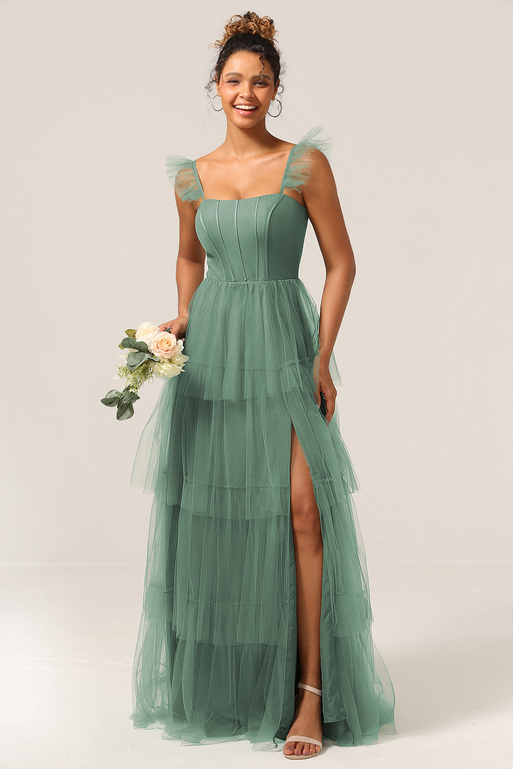 Detachable Straps A Line Tiered Long Dusty Blue Bridesmaid Dress