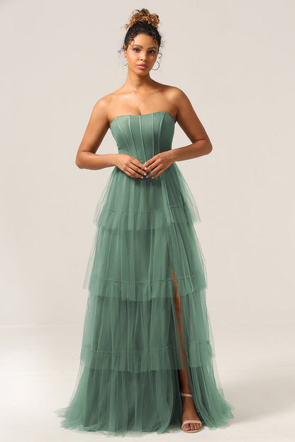 Detachable Straps A Line Tiered Long Dusty Blue Bridesmaid Dress