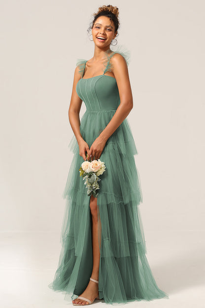 Detachable Straps A Line Eucalyptus Tiered Long Bridesmaid Dress