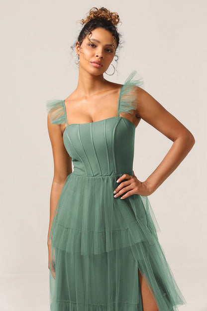 Detachable Straps A Line Eucalyptus Tiered Long Bridesmaid Dress