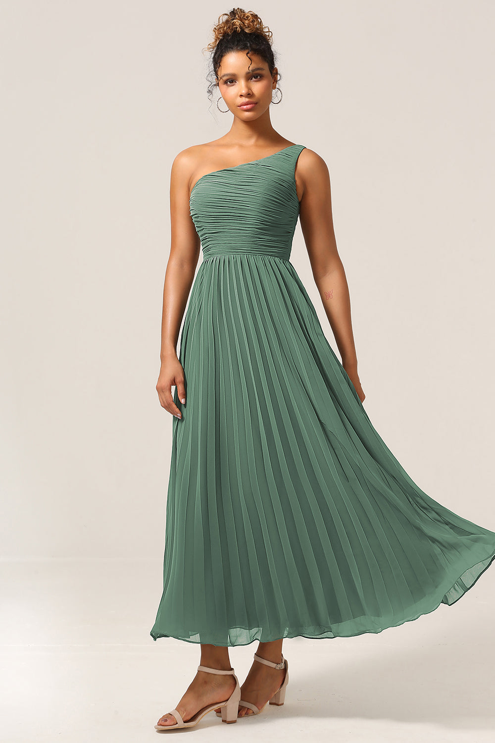 A Line One Shoulder Eucalyptus Long Bridesmaid Dress with Ruched