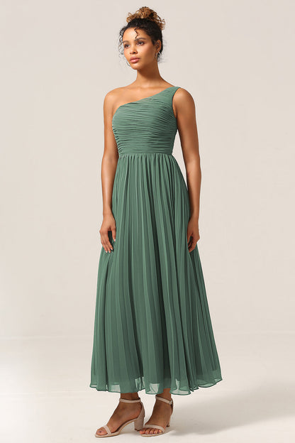 A Line One Shoulder Eucalyptus Long Bridesmaid Dress with Ruched