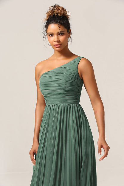 A Line One Shoulder Eucalyptus Long Bridesmaid Dress with Ruched