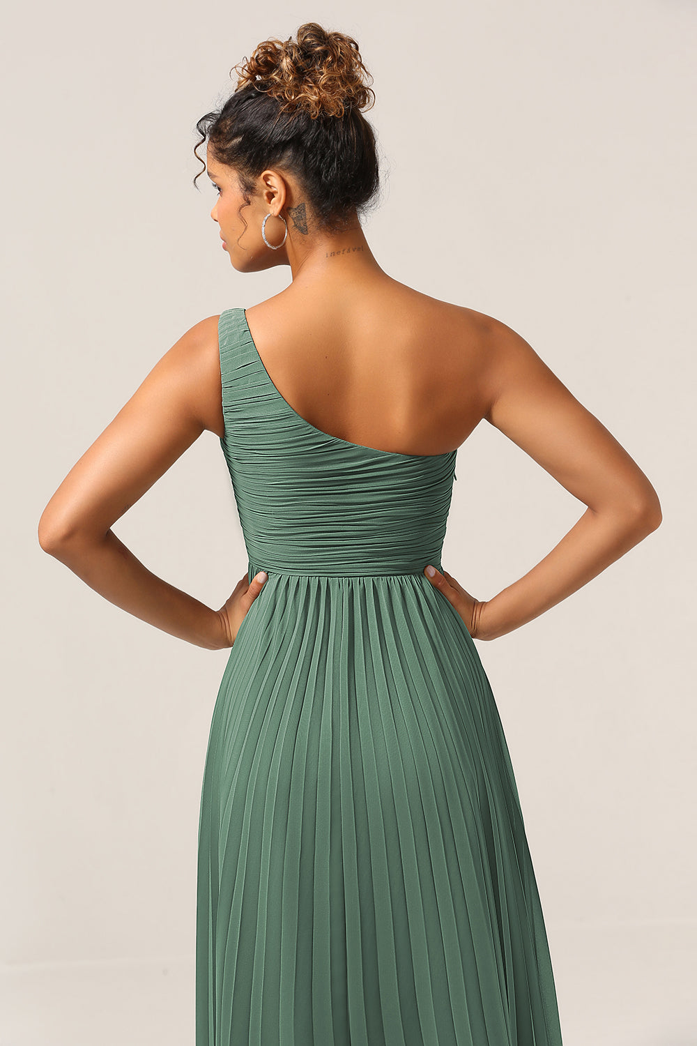 A Line One Shoulder Eucalyptus Long Bridesmaid Dress with Ruched