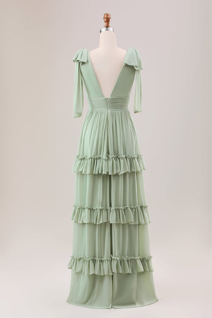 Dusty Sage A Line Chiffon Bridesmaid Dress with Ruffles