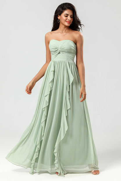 Strapless A Line Chiffon Green Bridesmaid Dress with Pleated