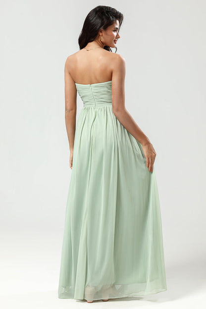 Strapless A Line Chiffon Green Bridesmaid Dress with Pleated