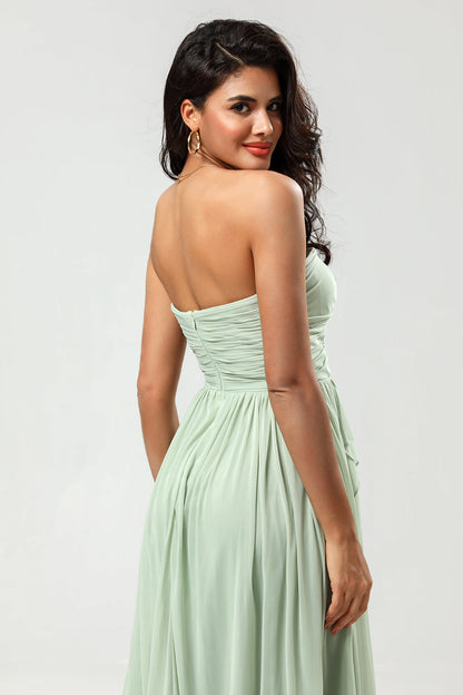 Strapless A Line Chiffon Green Bridesmaid Dress with Pleated