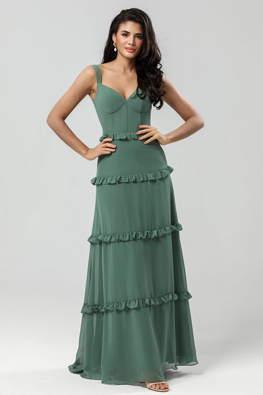 Classic Elegance A Line Off the Shoulder Eucalyptus Long Bridesmaid Dress